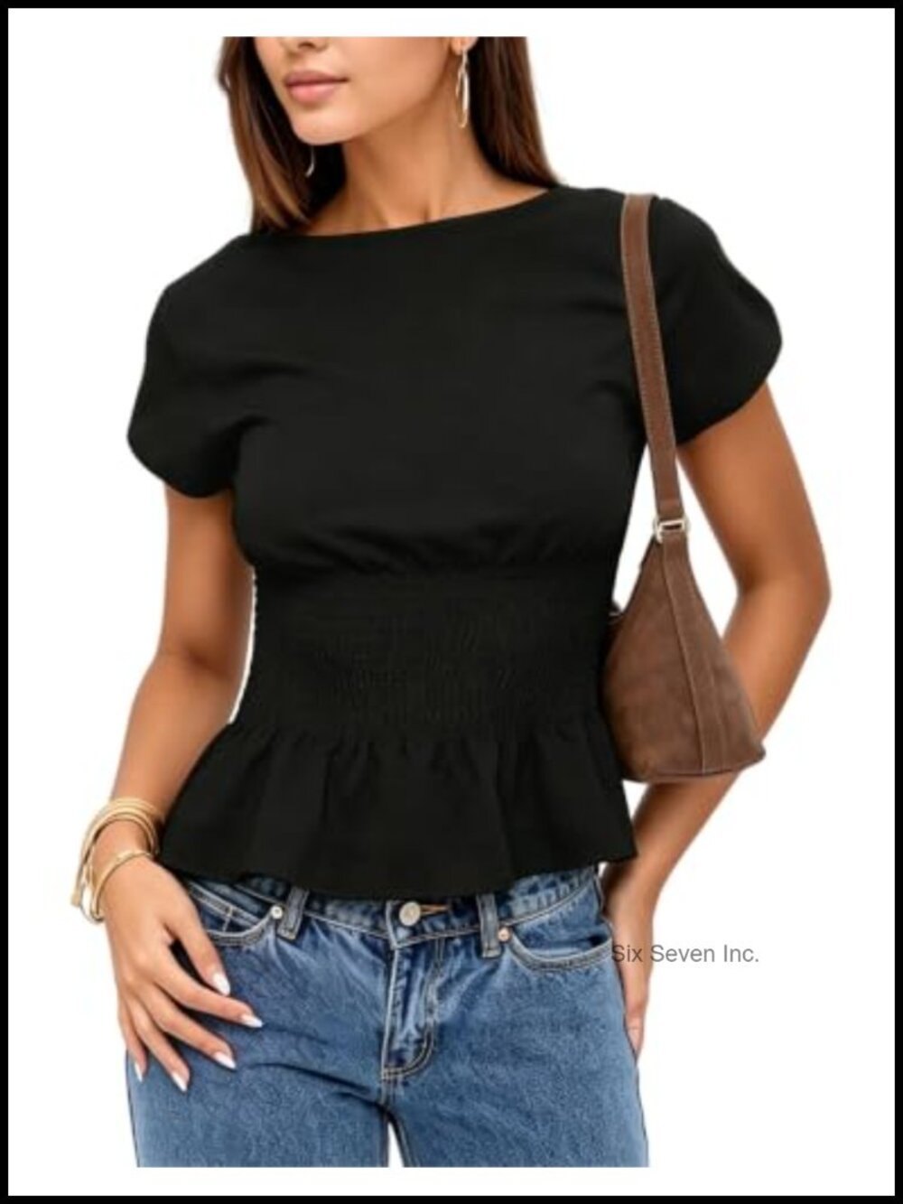 Boat Neck Puff Sleeve Peplum Blouse Smocked Waist Ruffle Hem Summer Top